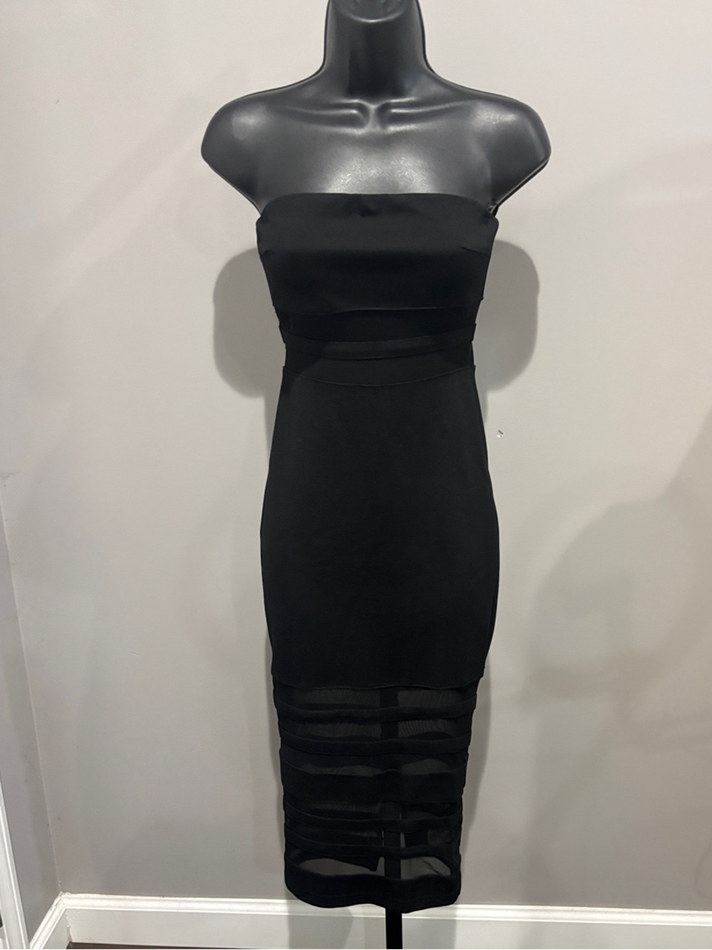 Fashion Nova Strapless Black Mesh-Inset Midi Bodycon Dress Size Small